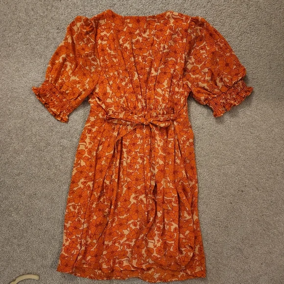 Sienna Sky Orange Floral Puff Sleeve Dress Medium - Picture 2 of 3